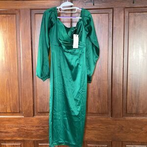 Elagia New Emerald Satin Off The Shoulder Puff Sleeve Midi Dress Gown Size L